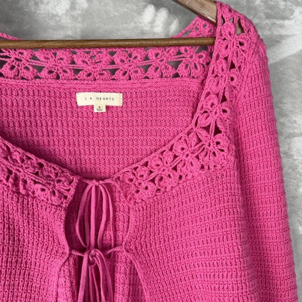 Wimsigoth Pink Crochet Square Neck Long Sleeve Sweater Top Women's Small‎